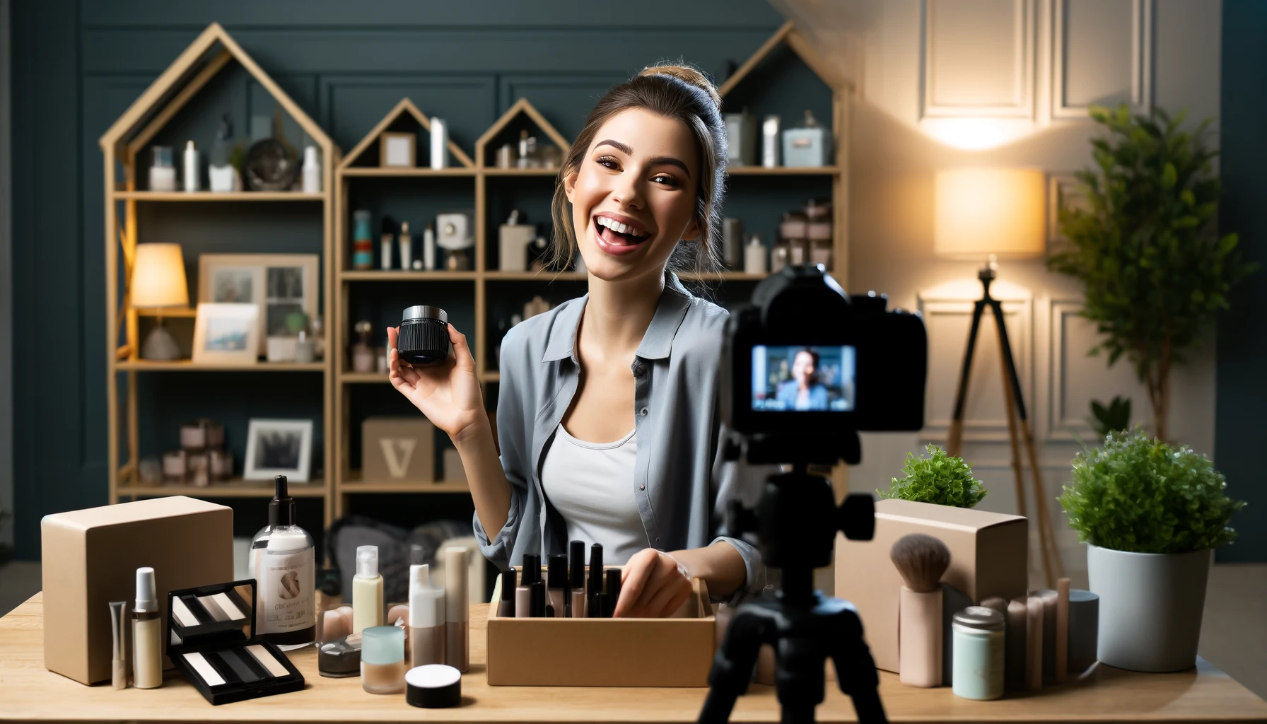 A happy beauty vlogger is recording content at home, reviewing products